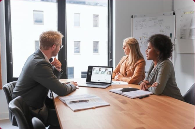 Three colleagues in a meeting around a laptop